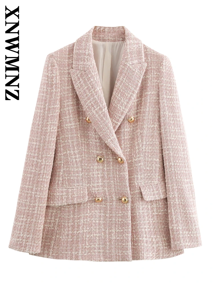 XNWMNZ 2024 Autumn Woman's Casual Long Sleeve Plaid Print Blazer Coat Female Fashion Notched Collar Double-breasted Top Jacket