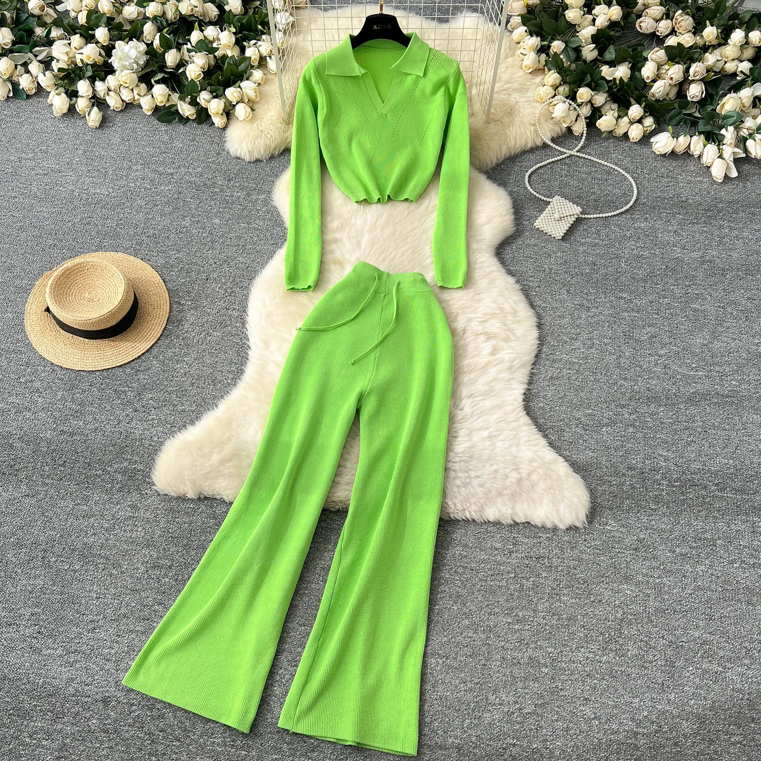 Elegant Long Sleeves Vintage Turn-down Collar Knit Top Chic High Waist Wide Leg Pants High Street Autumn Winter Two-piece Sets