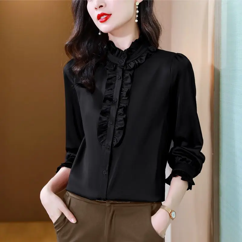 spring autumn stand collar Long Sleeve shirt women Solid color Button Cardigan elegant satin face edible tree fungus Pleated top