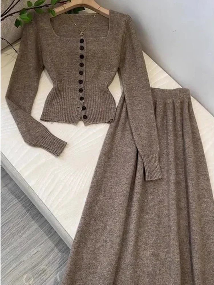 Autumn Winter Small Fragrant Knitted Two Piece Set For Women Fashion Casual Cardigan Coat + Pleated Long Skirt 2 Piece Outfits