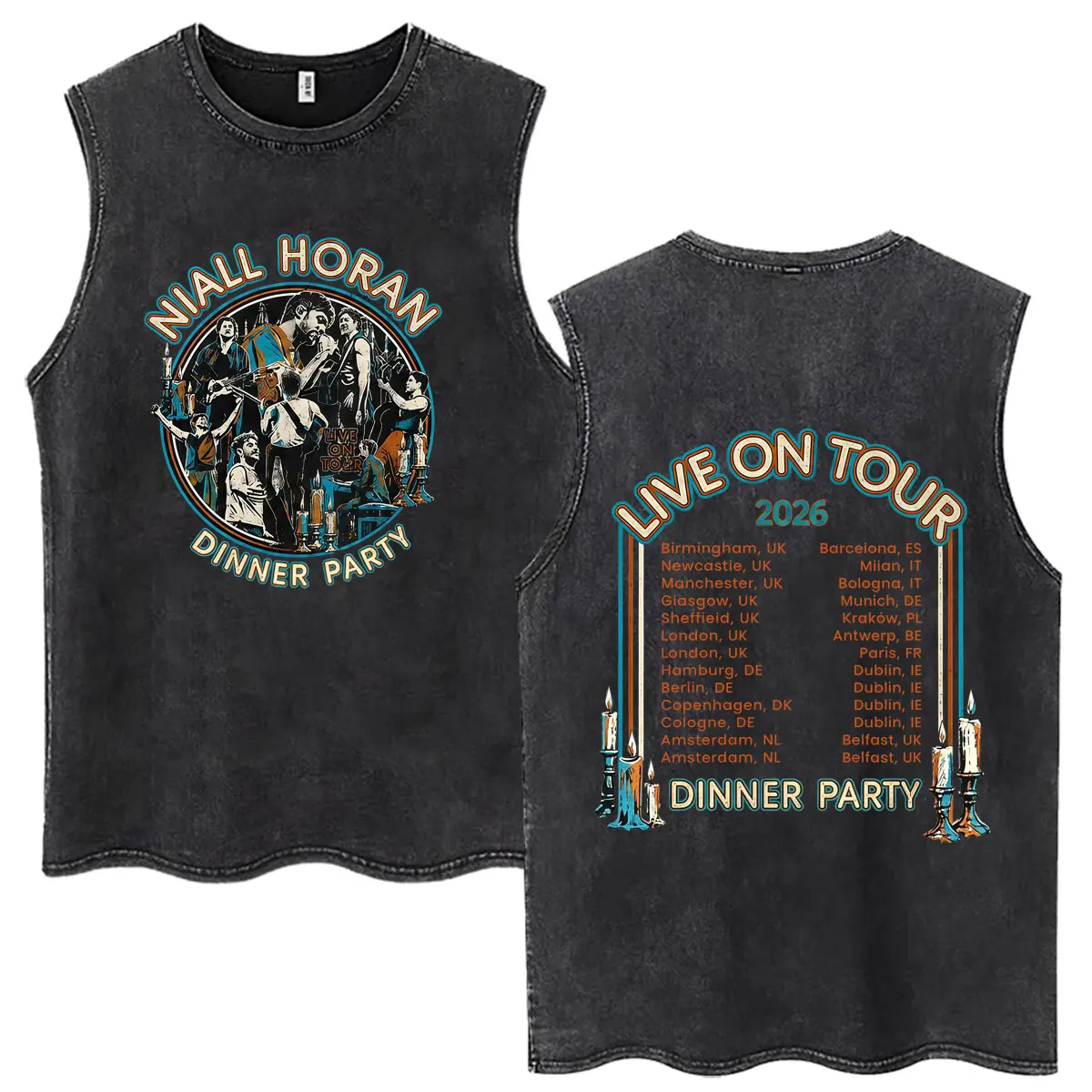 Niall Horan Dinner Party Live on Tour 2026 Merch Vest Vintage Washed T Shirt Men Fashion Loose Casual Cotton Oversized T-shirts