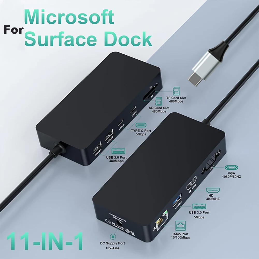 USB C HUB for Microsoft Surface Pro PD DC Charge Dock with HDMI 4K 60Hz VGA RJ45 Micro SD TF Card Reader USB Adapter Type C Hub