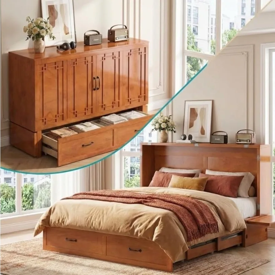 

Queen Murphy Bed, Solid Wood Multi-Functional Cabinet Bed with Storage Drawer, USB Charging Ports and Folding Tray, Space Savin