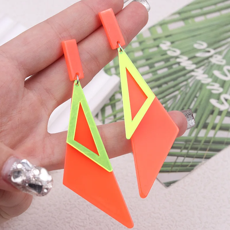 New Double Layer Long Triangle Acrylic Earrings with Fluorescent Color Simple and Personalized Fashion Earrings Decorative Gift