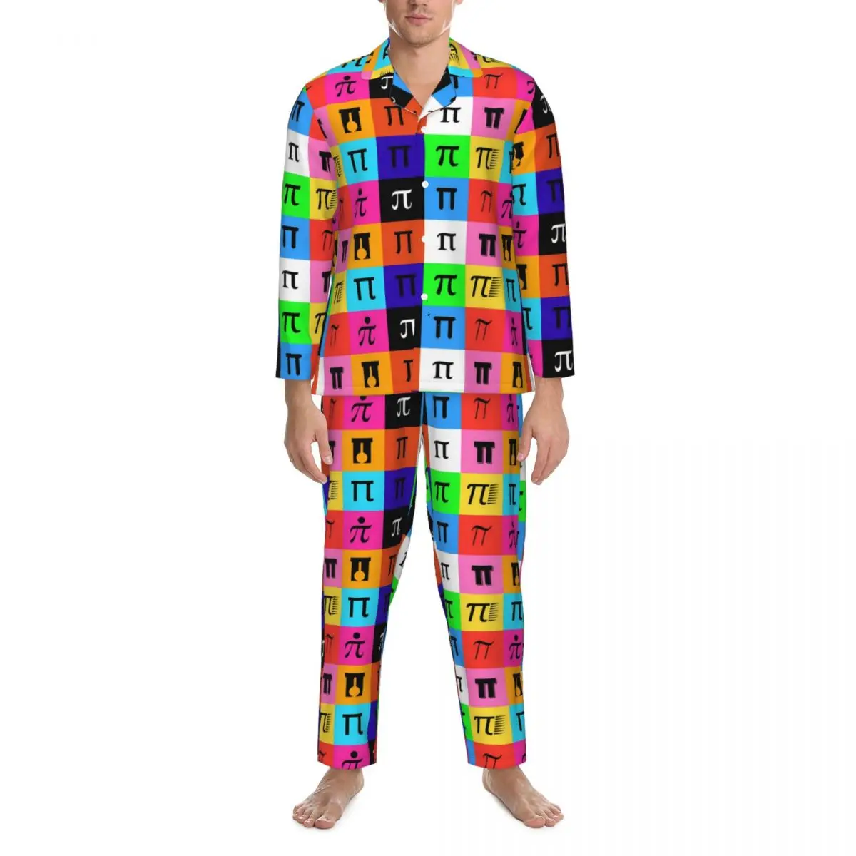 Colorblock Pajamas Men Happy Pi Day Warm Bedroom Sleepwear Spring 2 Pieces Casual Loose Oversize Graphic Pajama Set