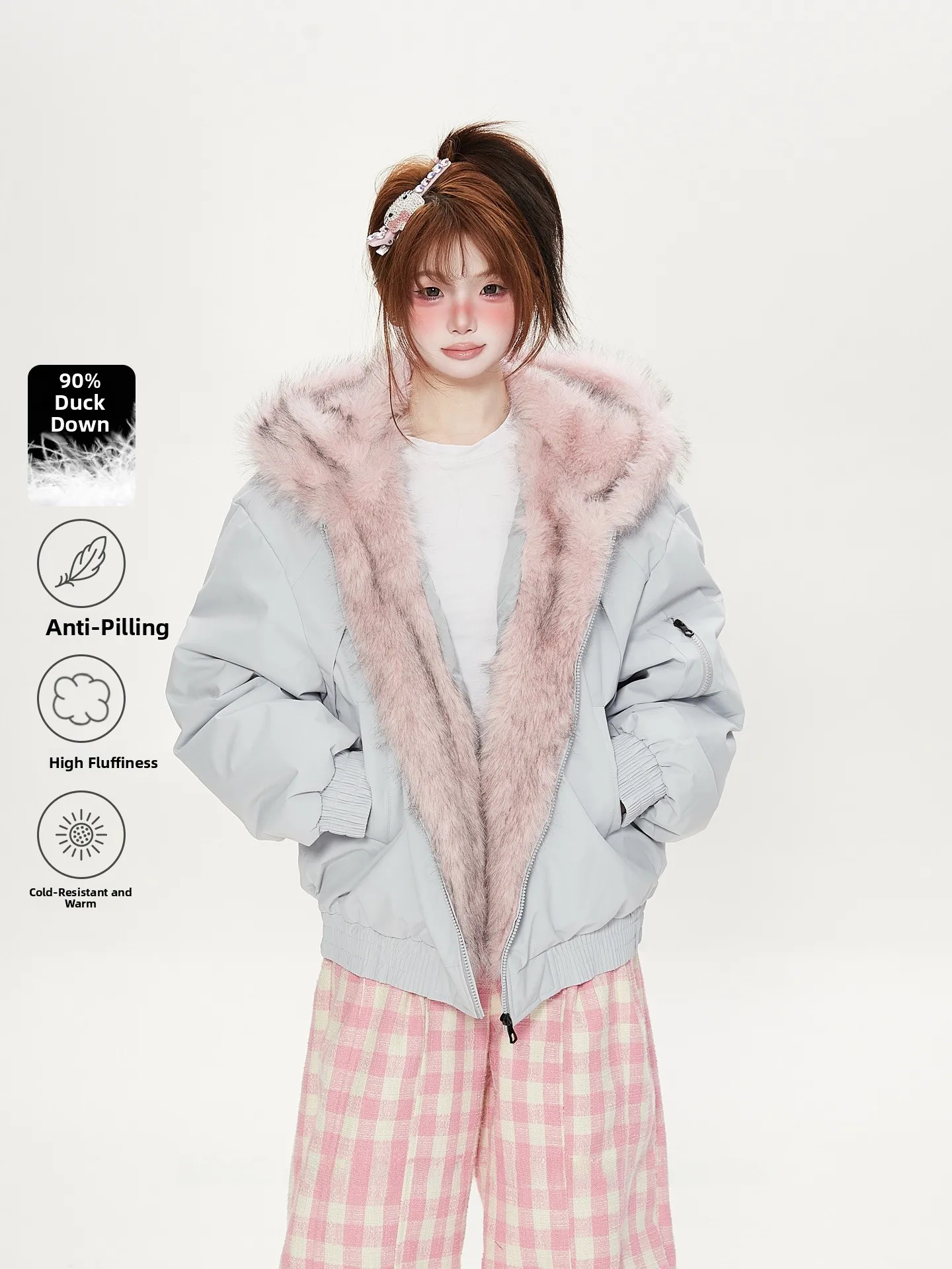 

Dopne ed, синяя пушистая куртка с капюшоном и пухом, женская зимняя повседневная одежда 90, белая верхняя одежда Du Feather Thi