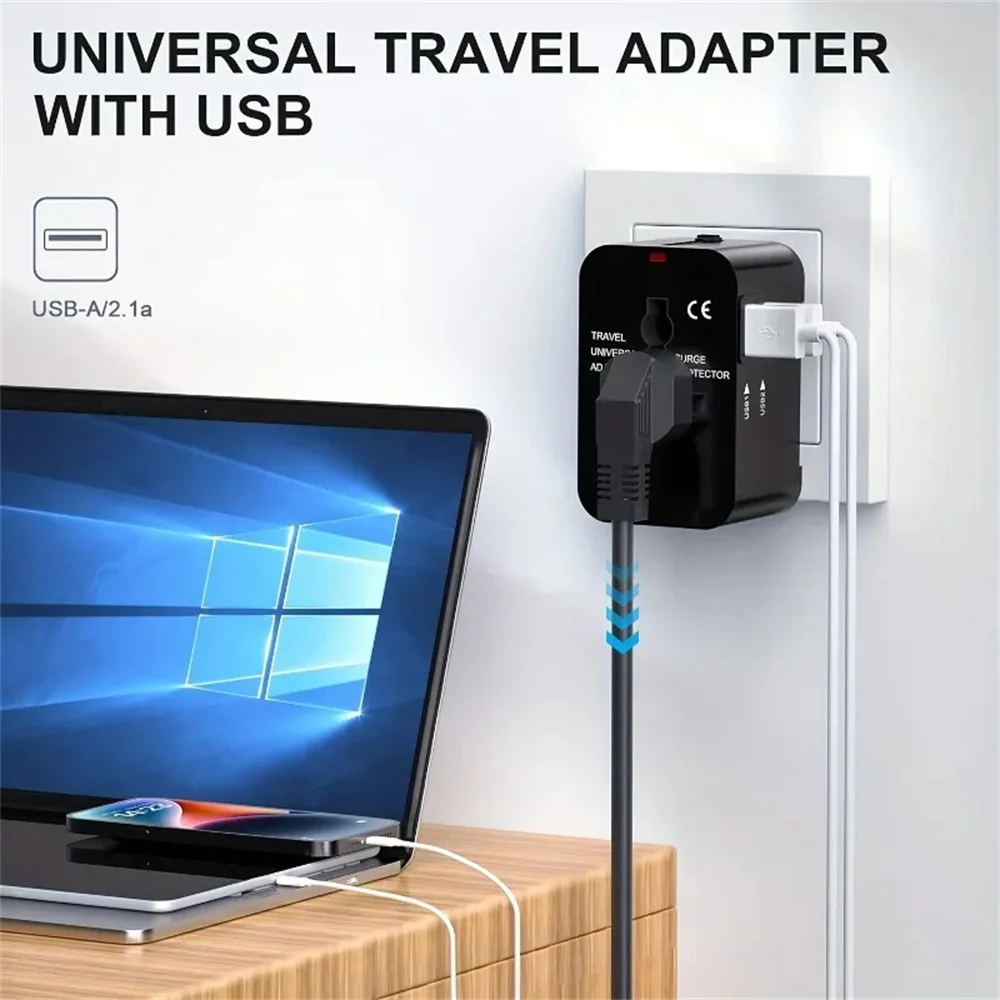 International Travel Plug Adapter EU US UK AU to Universal AC Power Converter Socket with 2 USB Ports Safety Shutter Locking