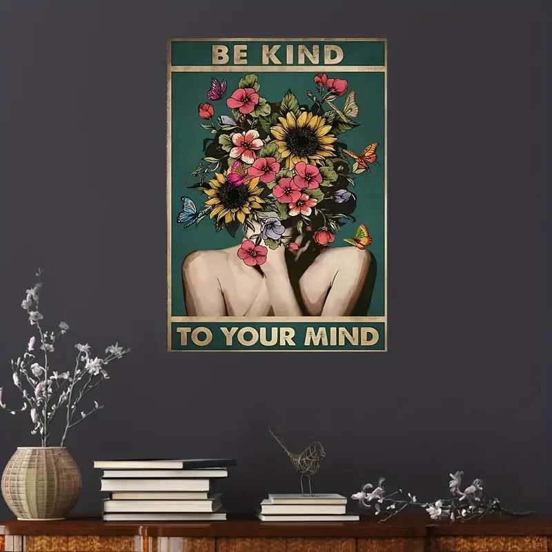 1PC Be Kind To Your Mind Canvas Wall Art Decor, Retro Girl Flower Wall Decoration Poster For Home Office Hotel Living Room Bedro
