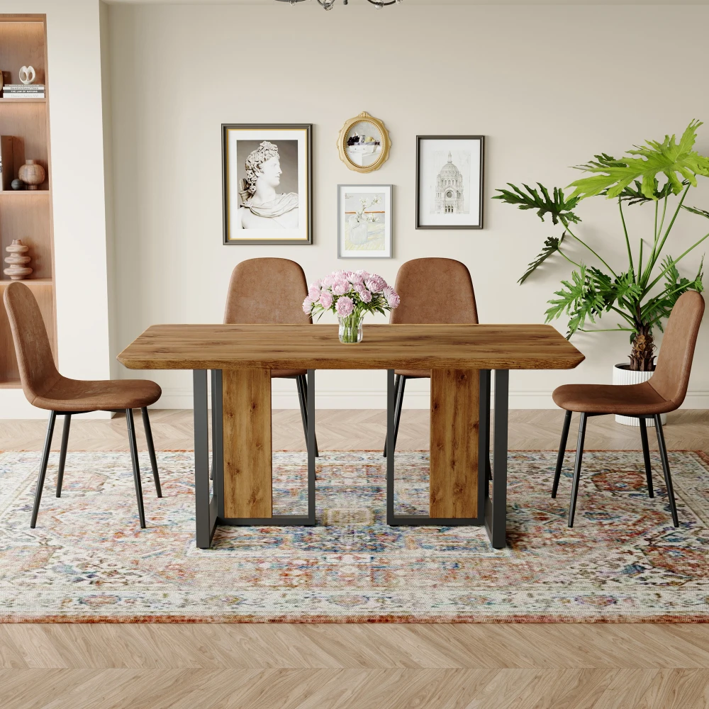 

Table and Chair Set.67"x36" Wood-Textured MDF Dining Table Set with 4 Brown Suede Chairs.MDF Sticker, Texture Sticker