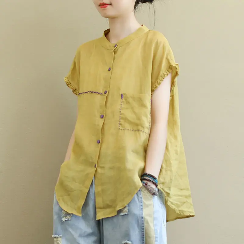 Women's Short-sleeved Shirt T-shirt Summer New Style Loose Stand Collar Embroidered Irregular Base Cardigan Top