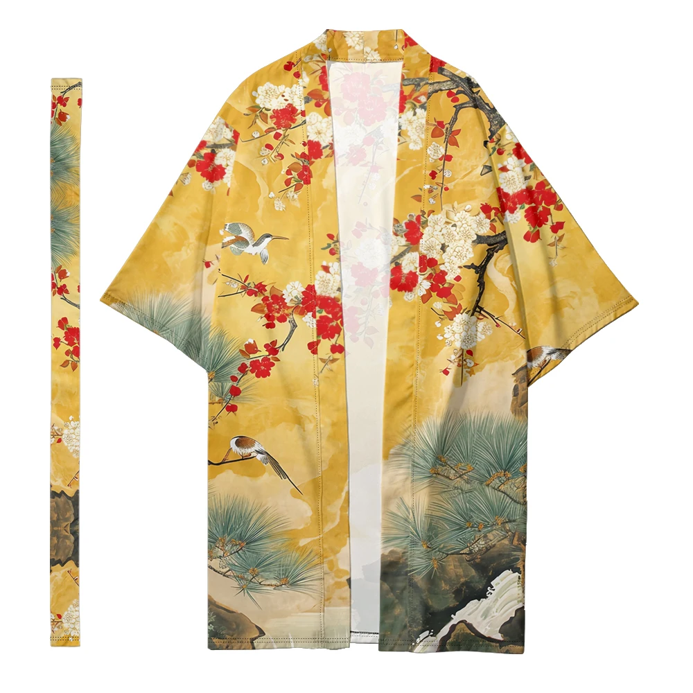 Kimono Samurai Yukata, Kimono mode Jepang, Kimono panjang Unisex, Haori, Retro, kardigan, cetakan lanskap, musim gugur