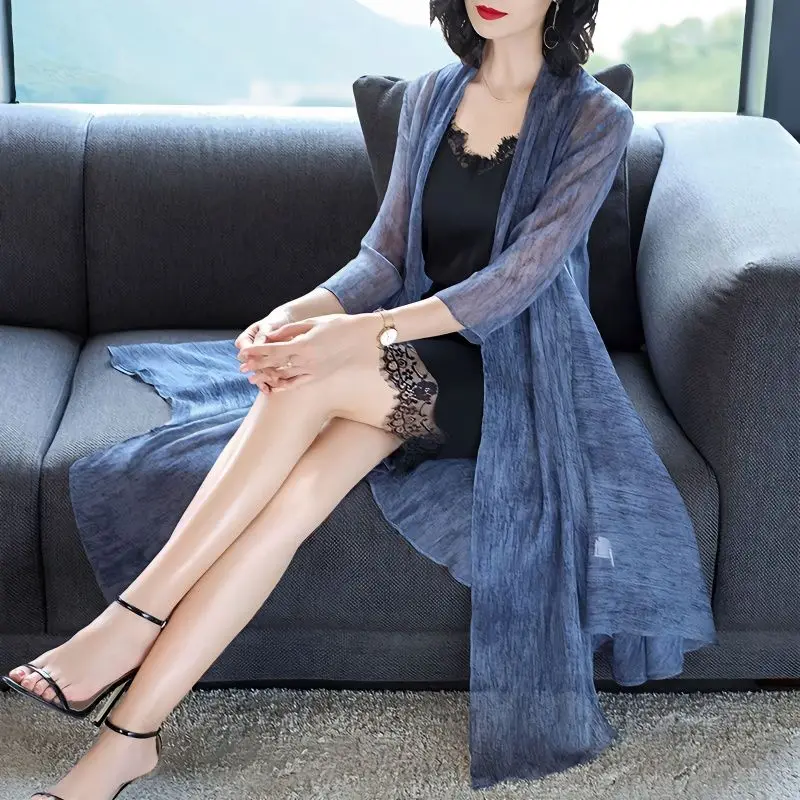 

Новинка 2023 года, свободный шифоновый кардиган средней длины, женская одежда для отдыха, пляжа и защиты от солнца, легкая летняя уличная одежда Wh2