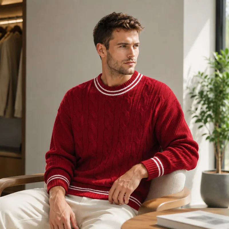 Minimalist Black & Cream Cable Knit Sweater – Textured Wool-Blend Crew Neck, Dropped Shoulders, Casual Layering Piece