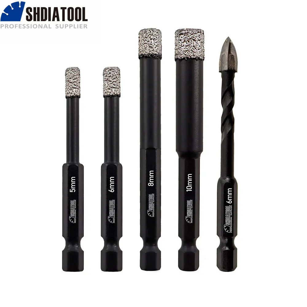 SHDIATOOL 5pcs Drill Bits Kit Dia5/6/8/10mm Diamond Hole Saw+6mm Cross Drill Bit Hex Shank Quick-Release Wood Drilling Tile