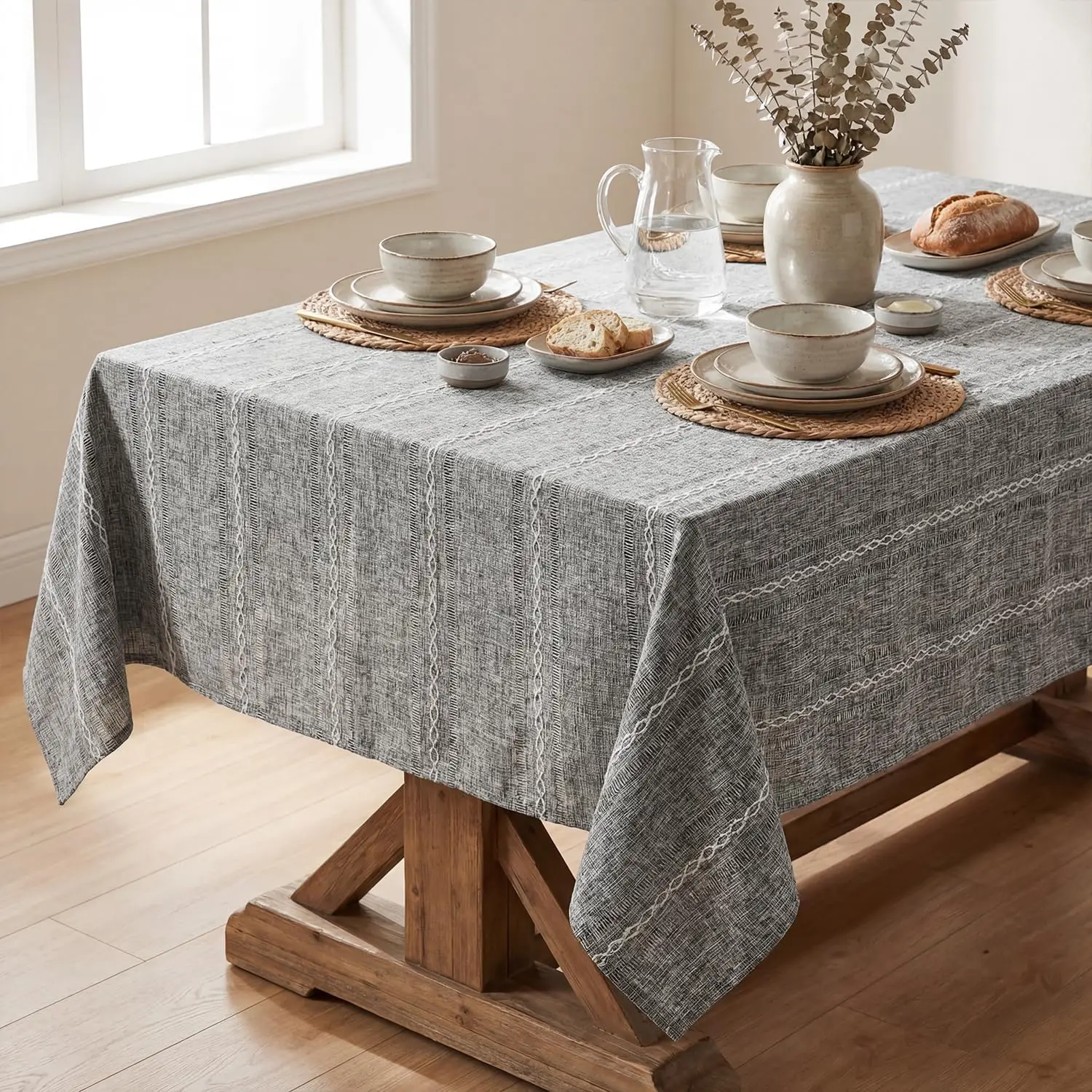 

Серая скатерть из смесового хлопка, 60×84 дюйма, прямоугольная, в стиле фермерского дома, устойчивая к сминанию, моющаяся, с подгибкой по краю