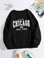 Chicago New York USA Sweatshirts Women White Letter Print Casual Hoodie Winter Fleece Crewneck Black Sporty Clothes Woman Tops