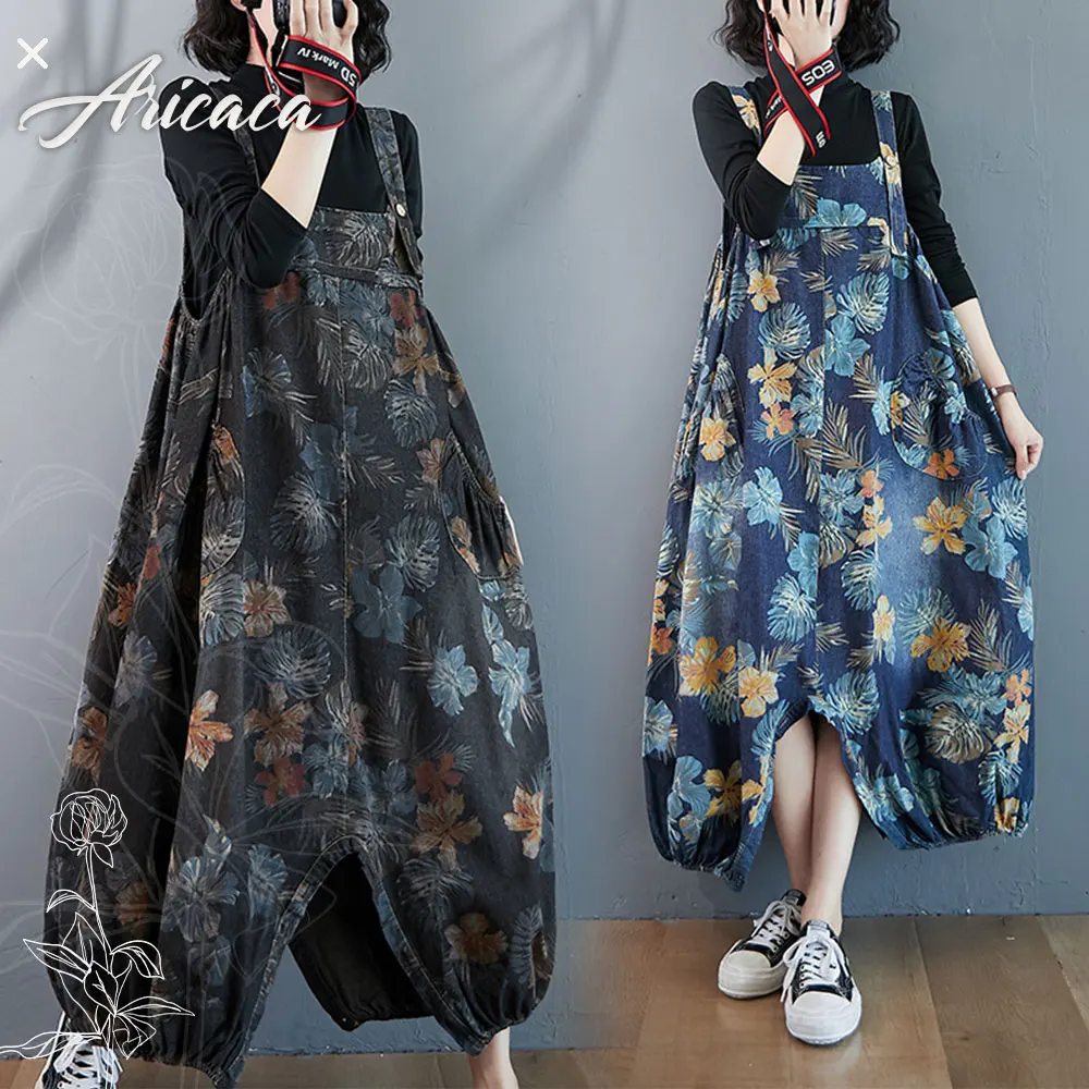 Aricaca Two Styles Vintage Flower Printed Denim Overalls Women's Button Split Bloomers Oversize Jeans Dress Jumpsuit