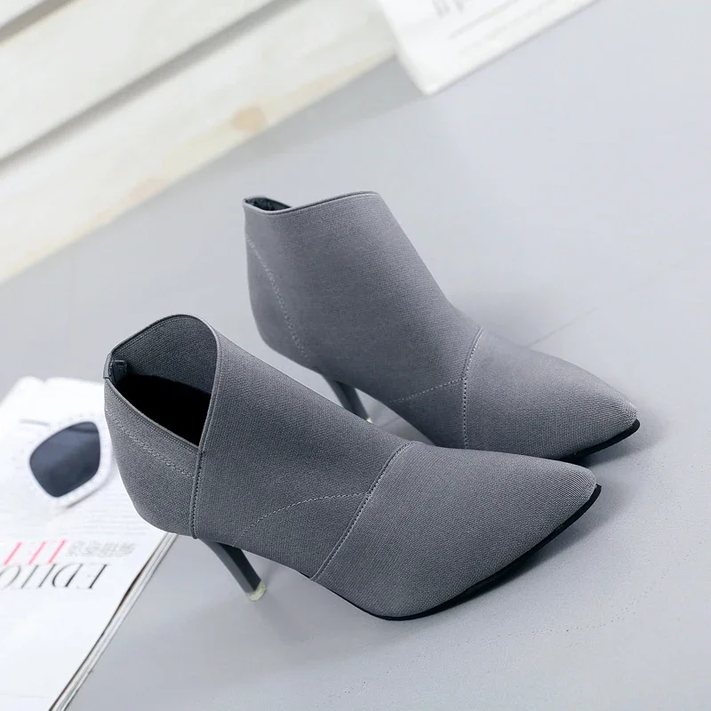 2024 Grey Fashion Women High Heel Booties Large Size 34-41 Female High-Heeled Boots Young Ladies Booties 8.5cm Heel Cloth Boots