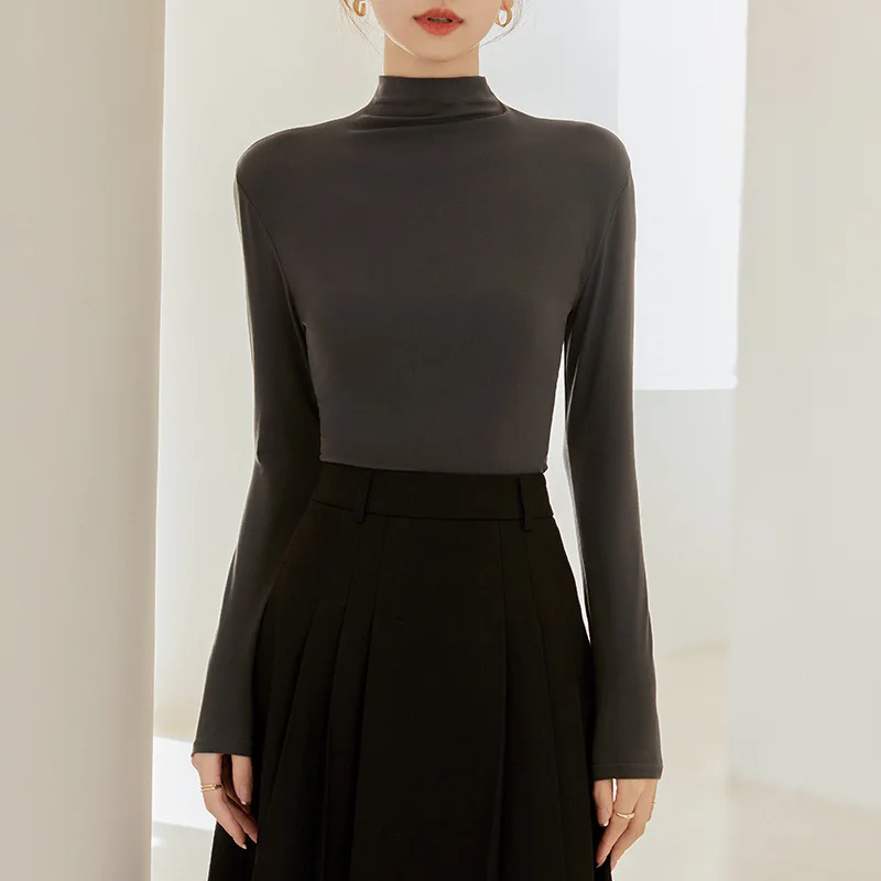 Half High Collar Base Shirt Women Long Sleeved T-shirt Spring and Autumn Slim Fit Inner Layer Autumn Clothes Mid Neck Black Top
