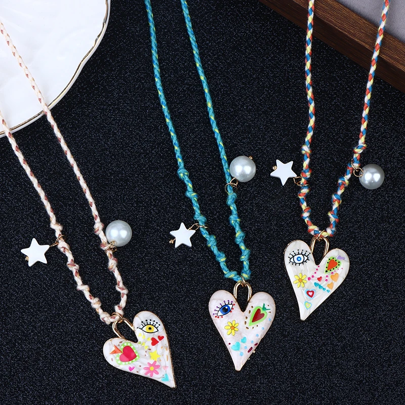 Handmade Knotted Rope Heart Pendant Necklace Stackable Star Pearl Sweater Chain Fashion Women Jewelry Daily Gift