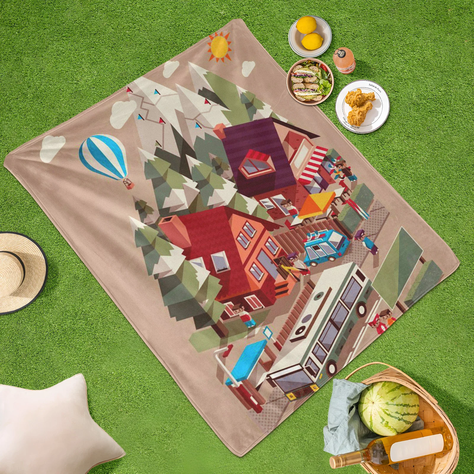 Manta al aire libre con casas, árboles, globos y montañas, diseño para picnics, acampar y aventuras al aire libre en la naturaleza