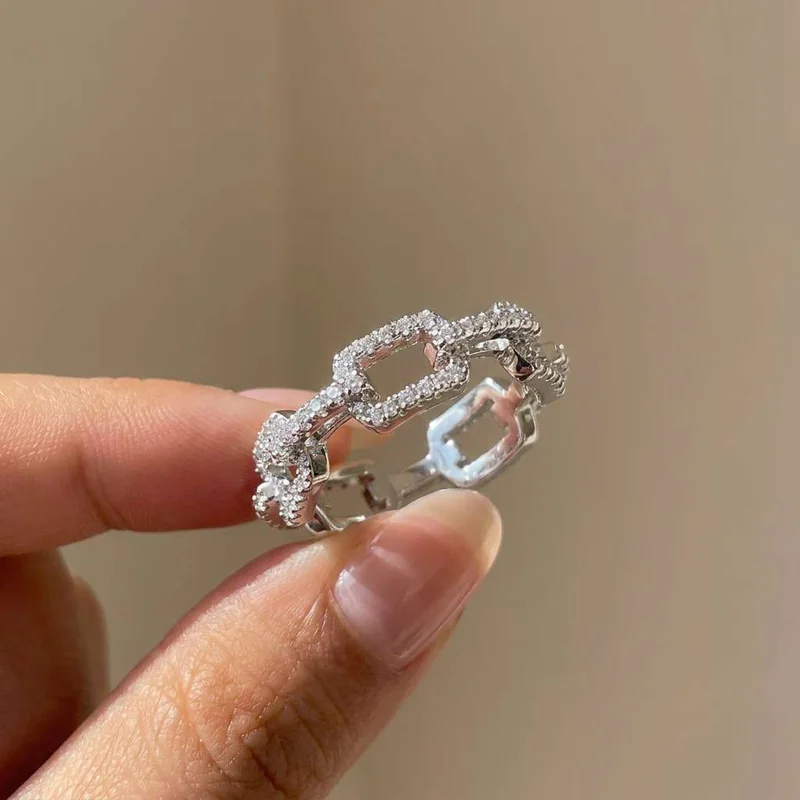 925 Sterling Silber Klassischer Gliederketten-Ring mit Geometrischem Kubischem Zirkonia, Stapelbar für Damen, Trendiger Party-Schmuck