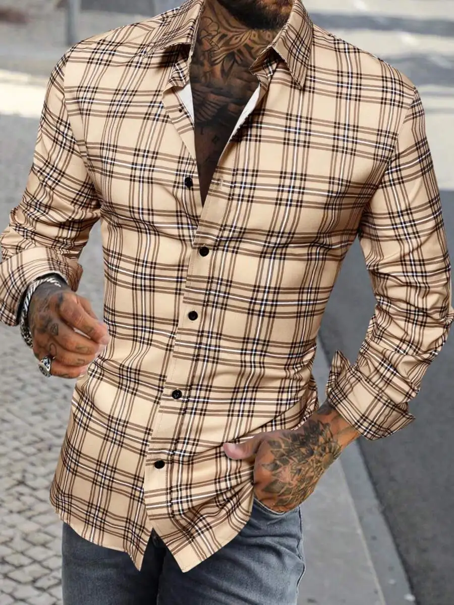 

Men's Casual Long Sleeve Plaid Shirt in Beige with Black Grid Pattern, Button-Down Fit for Fall Daily Wear