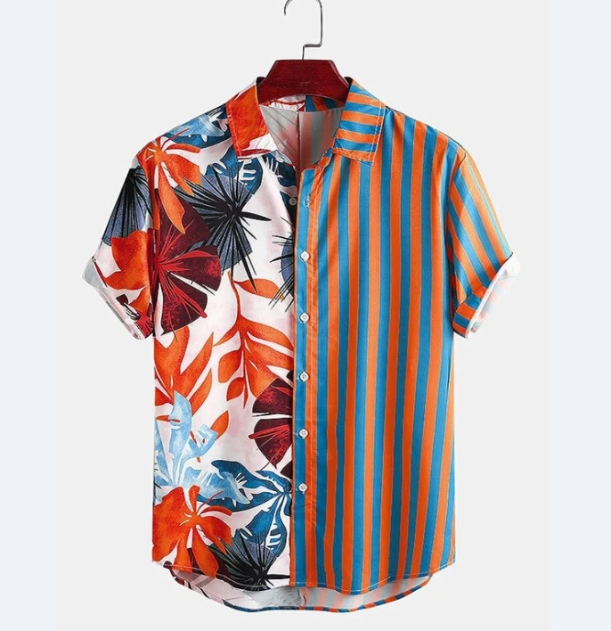 2025 Fashion Men's Lapel Shirt Loose Casual Beach Coconut Tree Splicing Stripe Print Contrast Color Elegant Short Sleeve Shirt