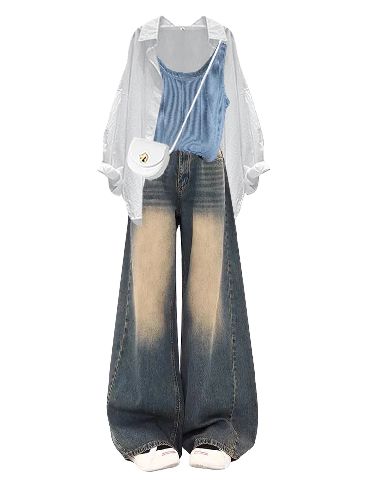 Loose Casual irt Top Inner Wear Vest High Waist Wide Leg Jeans Tee Piece Set Women's Faion Autumn Clothing Ensemble