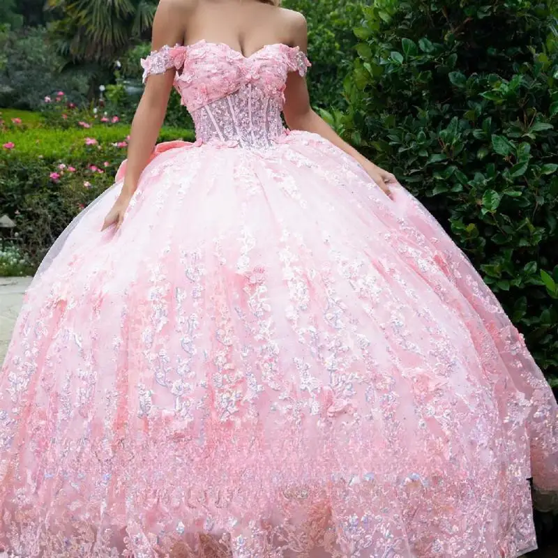 

Customized Shiny Pink Princess Quinceanera Dresses 3D butterfly decal long off shoulder dress applique bow Vestidos De 15 Años