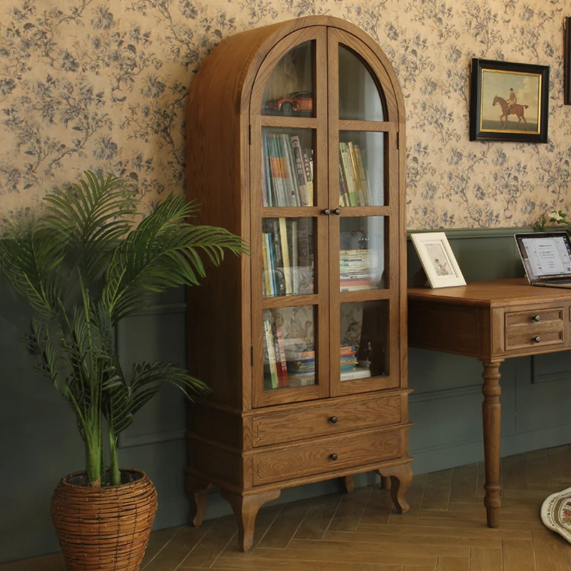 

American country dome oak solid wood bookcase TV side locker living room dining side cabinet French wine cabinet