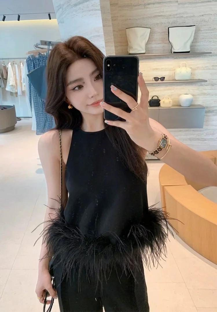 

Ретро-жилет с перьевыми бретелями, женский, летний, новый дизайн, модный укороченный топ, однотонный, для повседневной носки