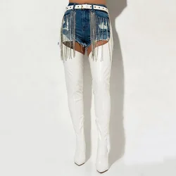 White Over The Knee Boots Stiletto Belt Buckle Waterproof Thigh High Boot Sexy High Heels Night Club Party Shoes
