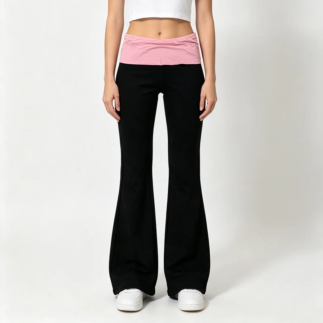 Color Blocked Fake Two-Piece yoga Sweatpants, Low Waisted Slightly Flared Pants, Casual Pants, Floor Length Pants
