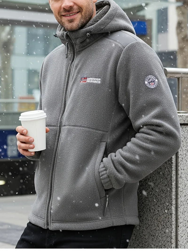 Men's Jacket Thermal Insulated Winter Coat with Full-Zip Closure, Hooded Windproof Outerwear Machine Washable Cold Weather