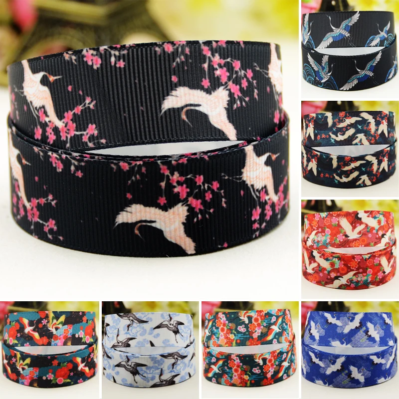 22mm 25mm 38mm 75mm crane cartoon printed Grosgrain Ribbon party decoration 10 Yards satin ribbons