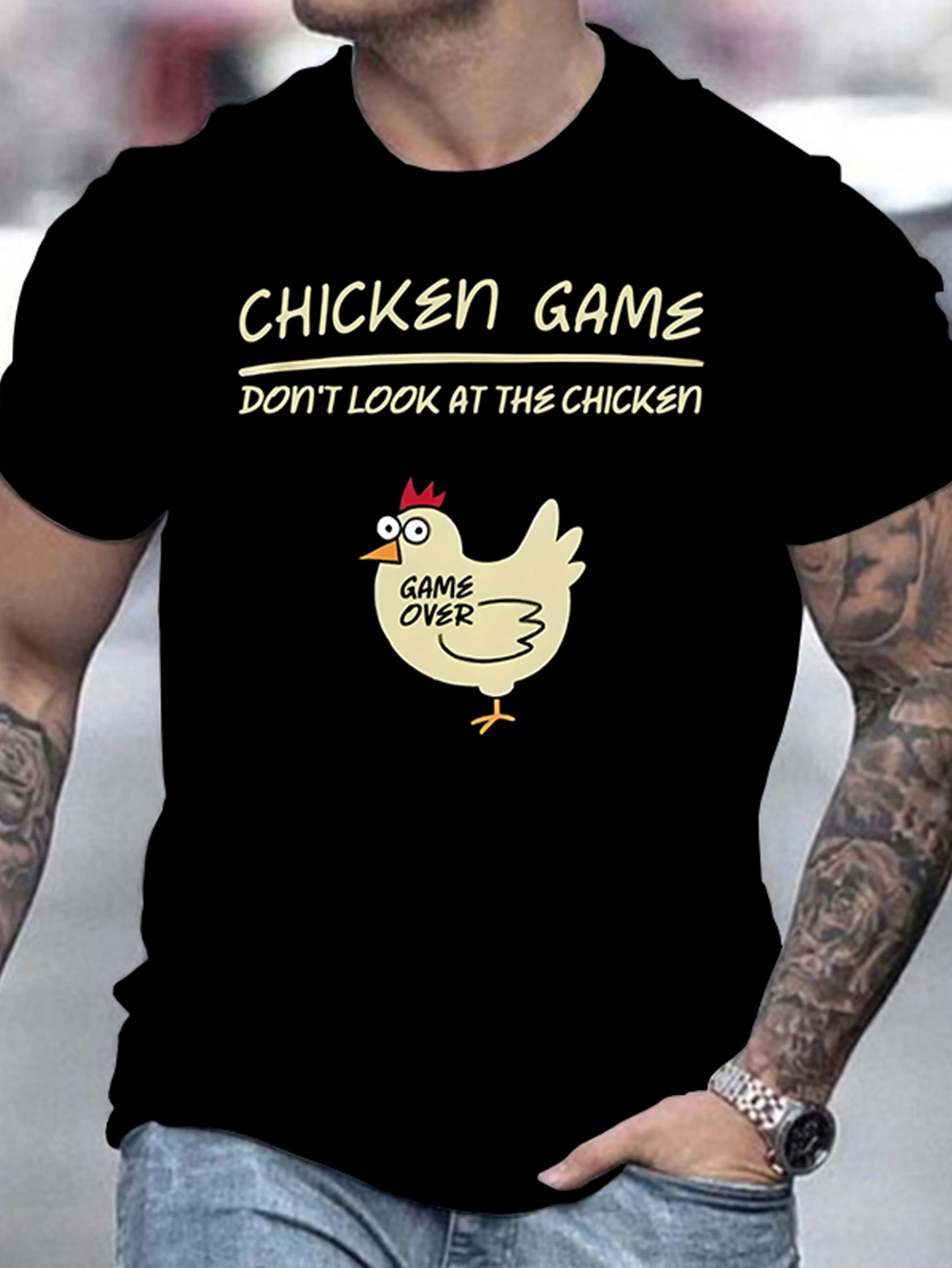 Men's 100% pure cotton fashionable casual loose sports fun chicken game pattern printed round neck short sleeved T-shirt top