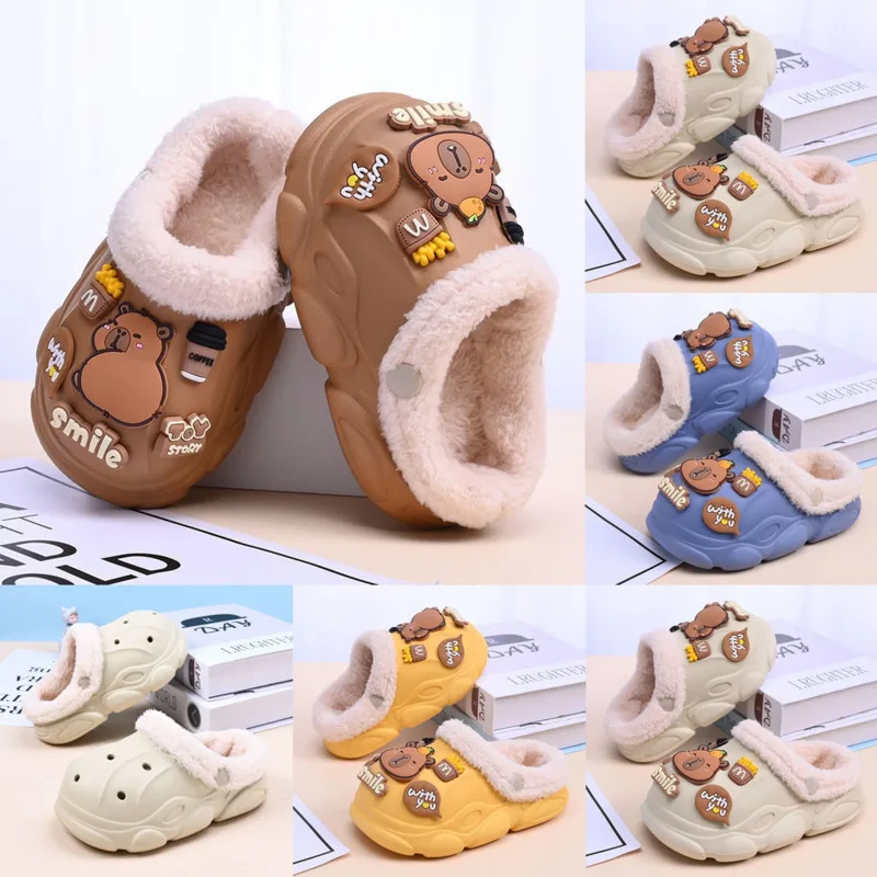 

Capybara Slippers Women Winter One Word Cotton Cartoon Anime Cute Student Bedroom Suede Warm Fury Slippers Non Slip Flat Shoes