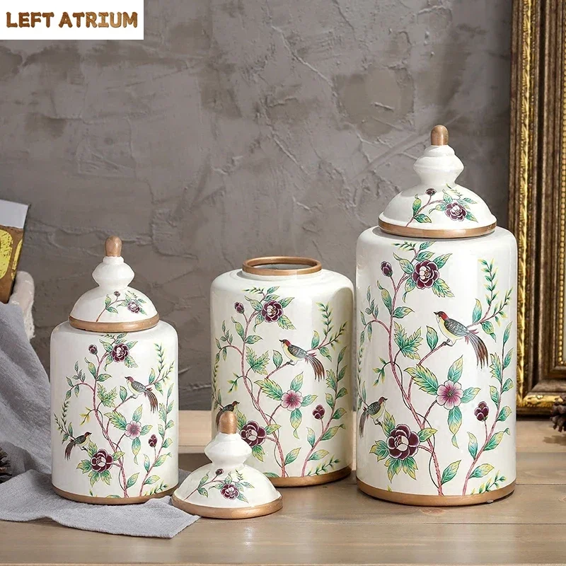 

Vintage European Flower and Bird Ceramic Storage Jar Vase Decoration Porcelain Art Crafts Tea Coffee Beans Candy Storage Jar New