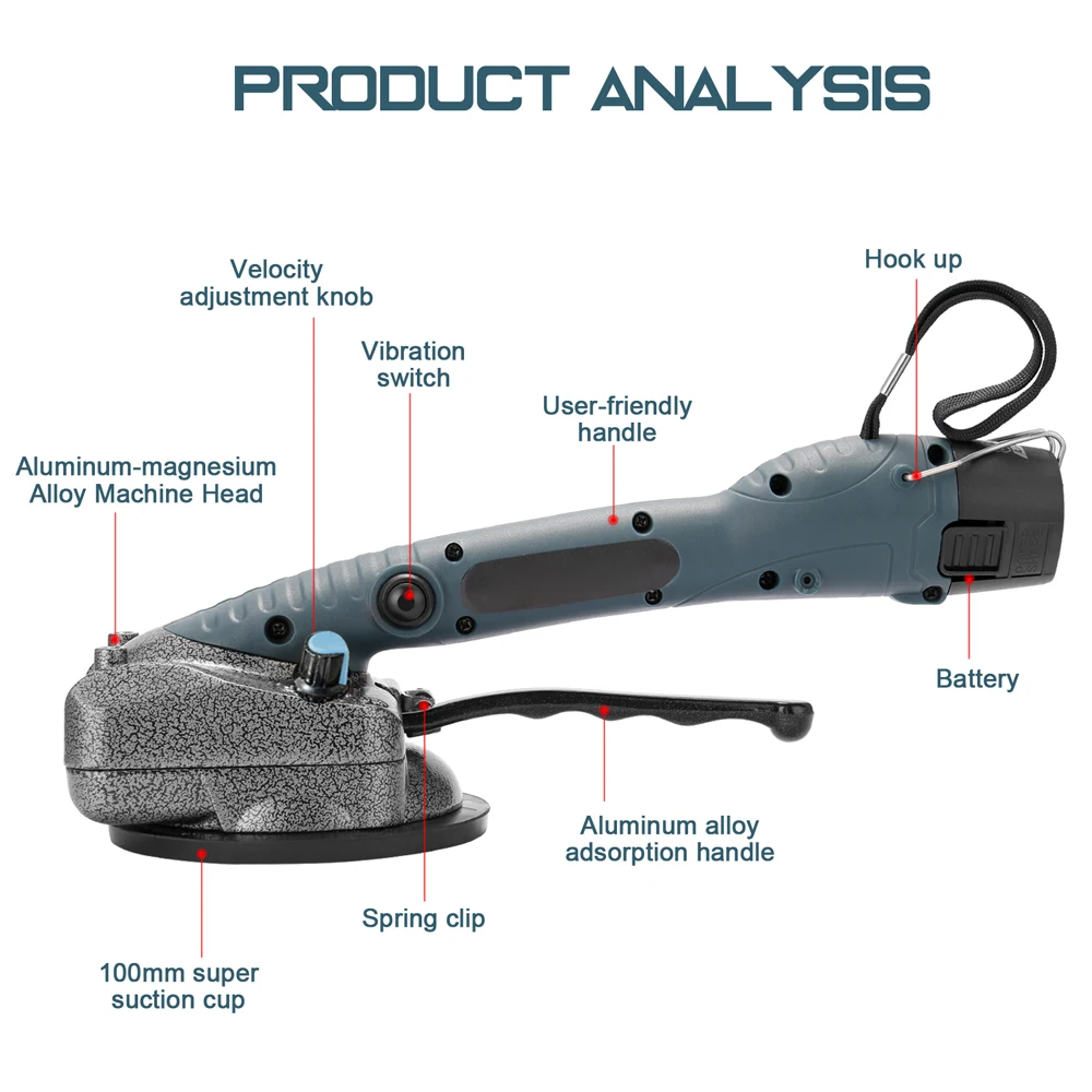 10-150Hz Cordless Tile Tiling Machine Li-ion Wall Floor Tiles Laying Vibrating Tool with 100*100mm Suction Cup and 2 Batteries