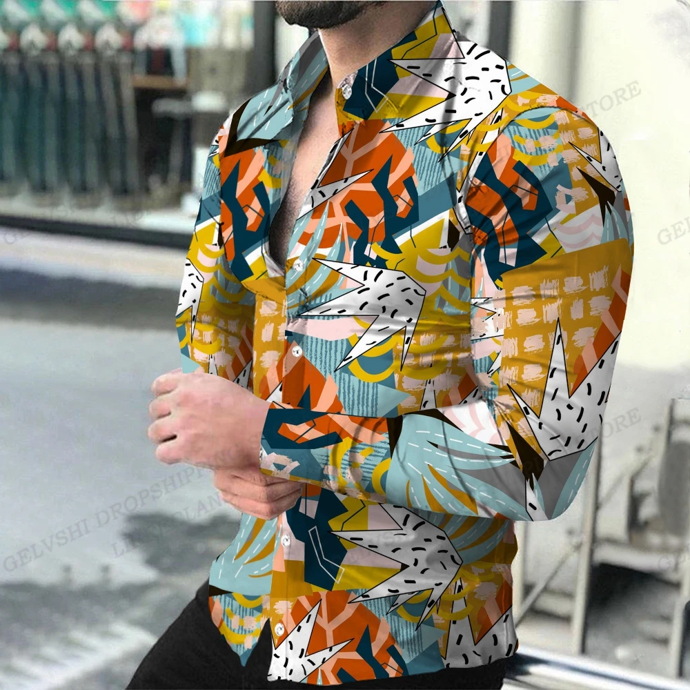 Geometric Theme ShirtsMen's Fashion, Casual Comfortable, Long Sleeve Shirts, Hawaiian Casual Beach Streetwear, Colorful Clothing