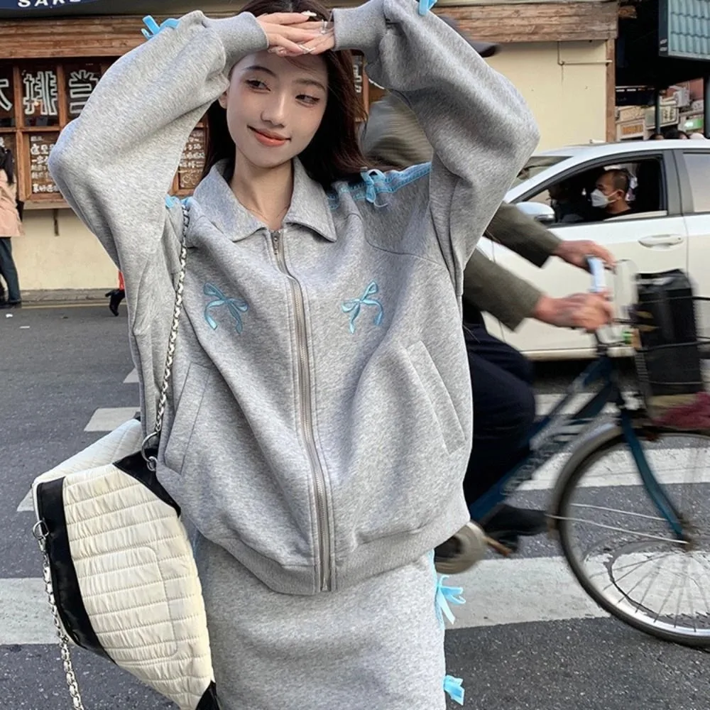 

Fashion Lapel Collar Long Sleeved Hooded Loose Y2k Sweet Sweatshirts for Women Clothing Korean Ins Embroidered Bow Jacket Women