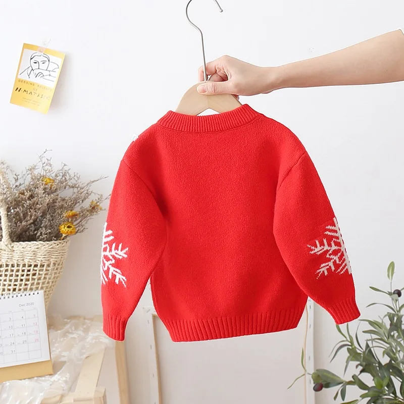 New Year\'s Wear Children\'s Red Knitted Pullover Boy Cartoon Bottom Girl Cartoon Christmas Sweater Thickened Foreign Style