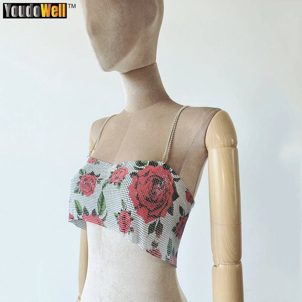 

Metal Sequin Rose Pattern Navel Wrap Top, Sexy Back Slit, Luxurious Diamond Chain Vest, Nightclub, Carnival, Music Festival