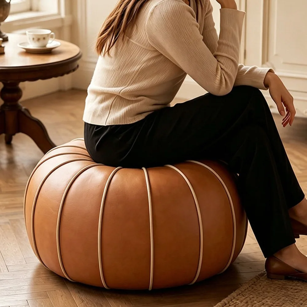 PU Leather Pouf Ottoman Cover Unstuffed Minimalist Sofa Footstool Cover Large Capacity Round Shoe Stool Cover Living Room
