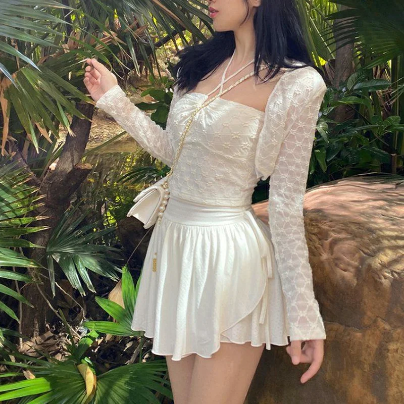 Sexy carino bianco minigonna donna coulisse pieghe vita alta irregolare volant Patchwork gonne corte Mori ragazza coulisse vestito