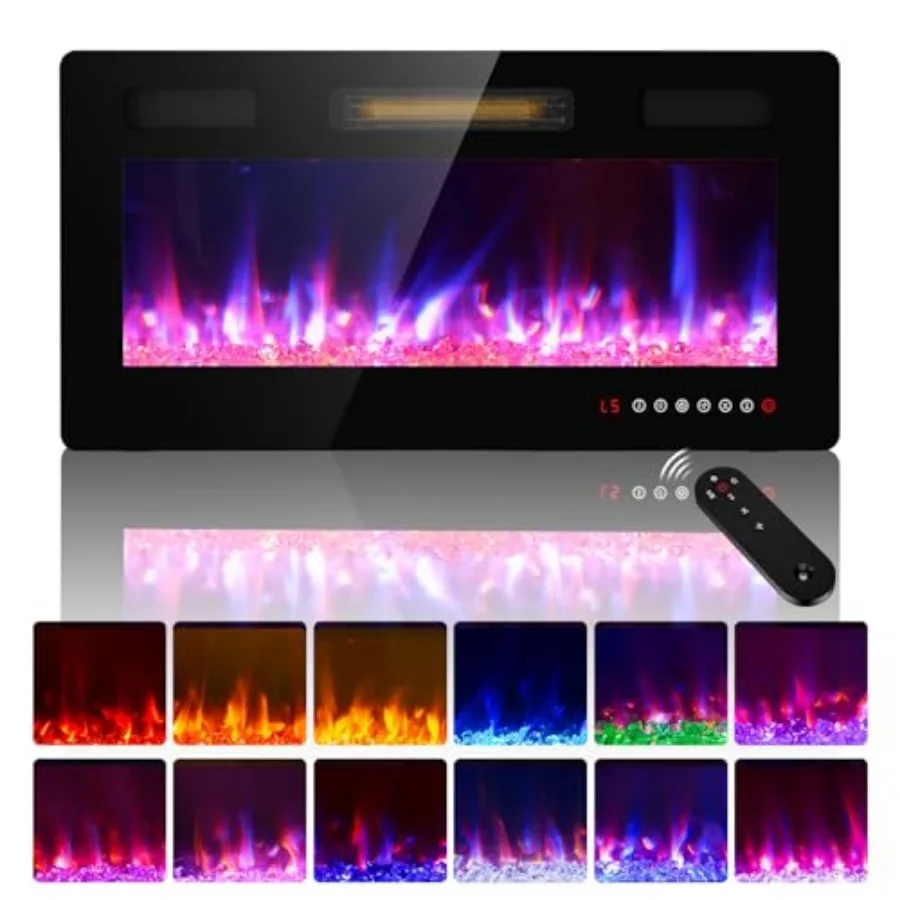 

36 inches Electric Fireplace Wall-Mounted Heater for Living Room with Remote Control Timer 12 Flame Colors Dual Heat Settings 7