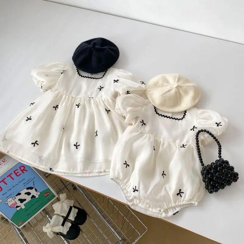 2024 Summer Sisters Outfits Girl Infant Bow Puff Sleeve Bobydsuit Newborn Baby Mesh Cotton Fashion Princess Dress Kids Clothes