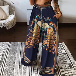 Beach Printing Waist Pants Pockets High Boho Pants Trousers Easy Long Women Pants Long Pants For Women Casual