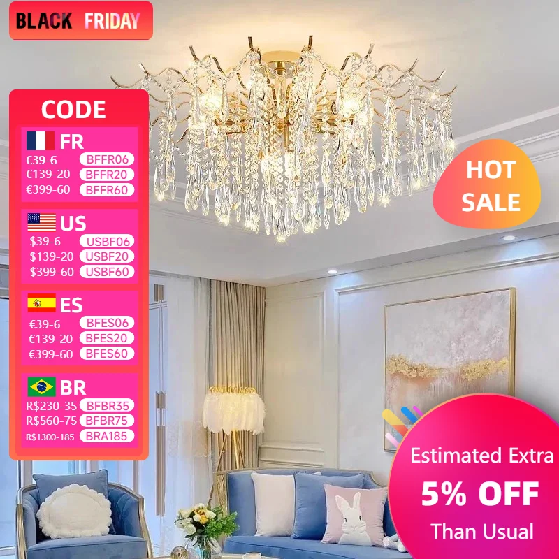 Crystal Chandelier Dining Kitchen Bedroom Ceiling Pendant Lamp for Room Modern Luxury Gold K9 Branch Led Lights Home-appliance